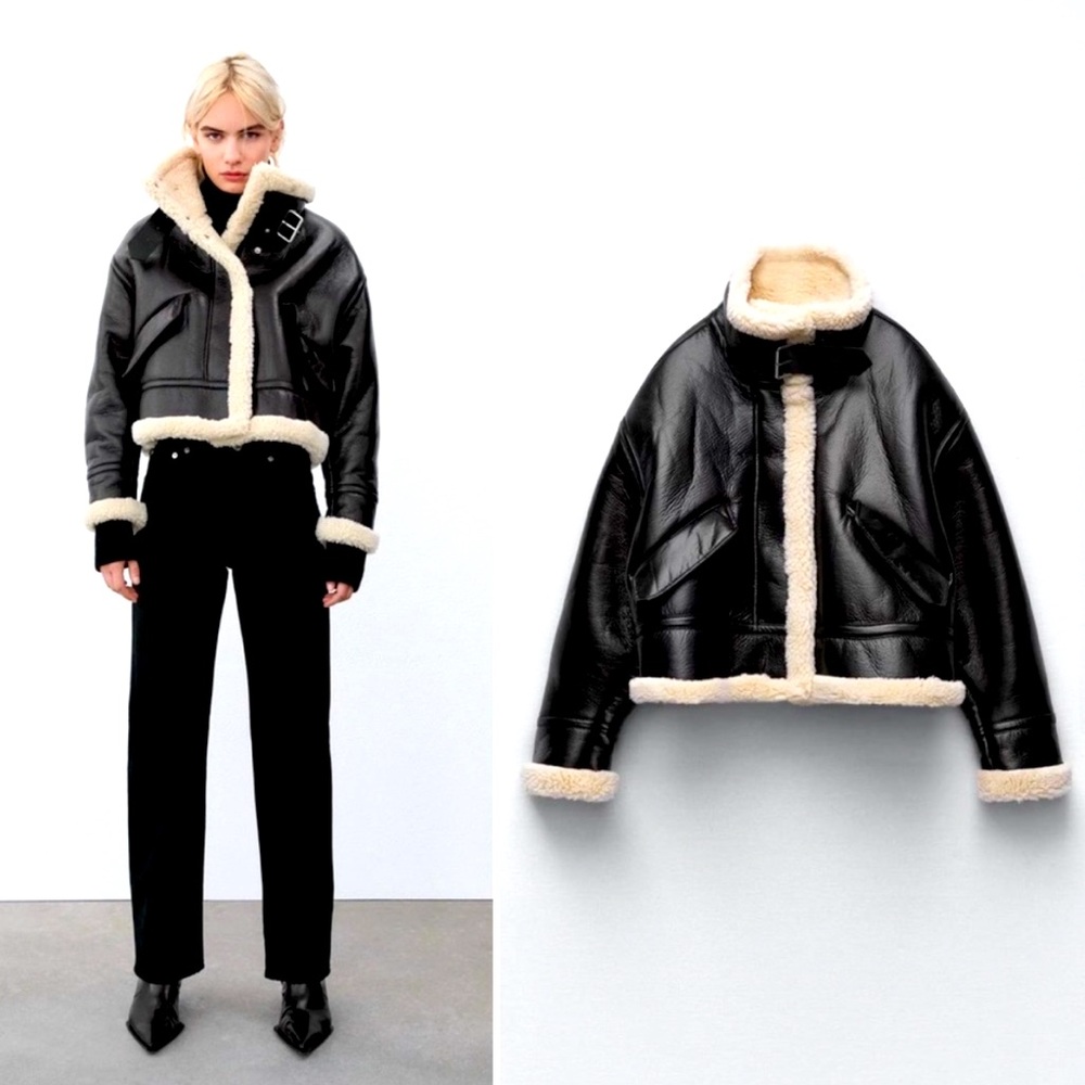 NWT Zara Black Faux Leather Cream Fleece Collar Jacket Blogger Fave S